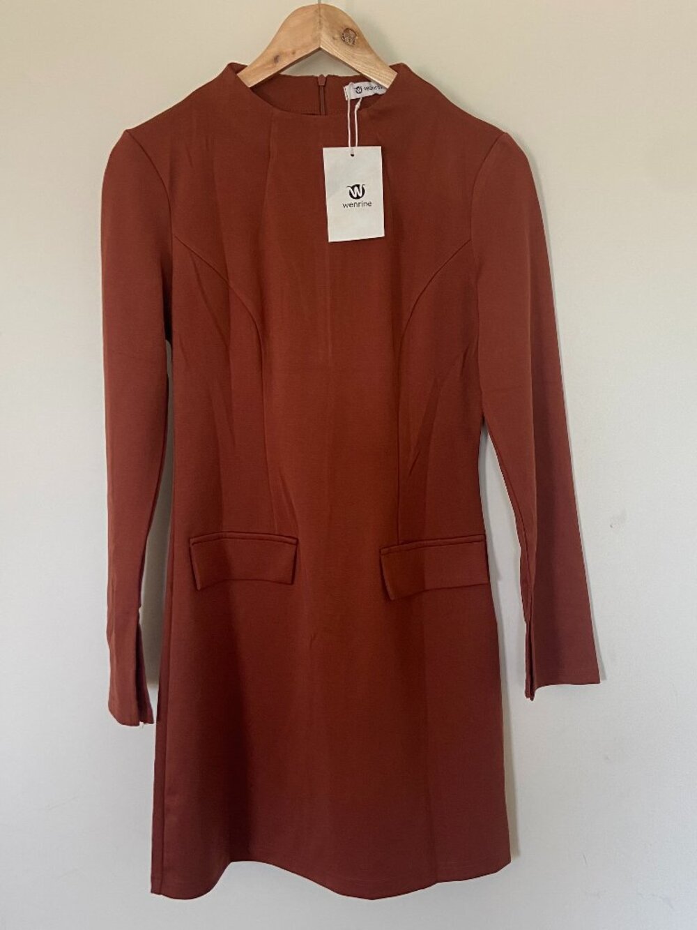 Wenrine Women's Brown Split Long Sleeve Above knee Straight Dress Size S